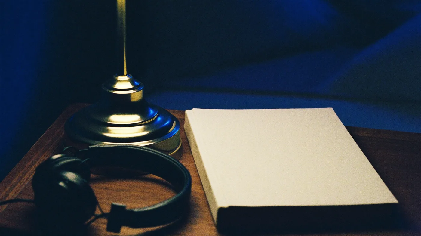 Headphones resting on a bedside table in warm lamplight